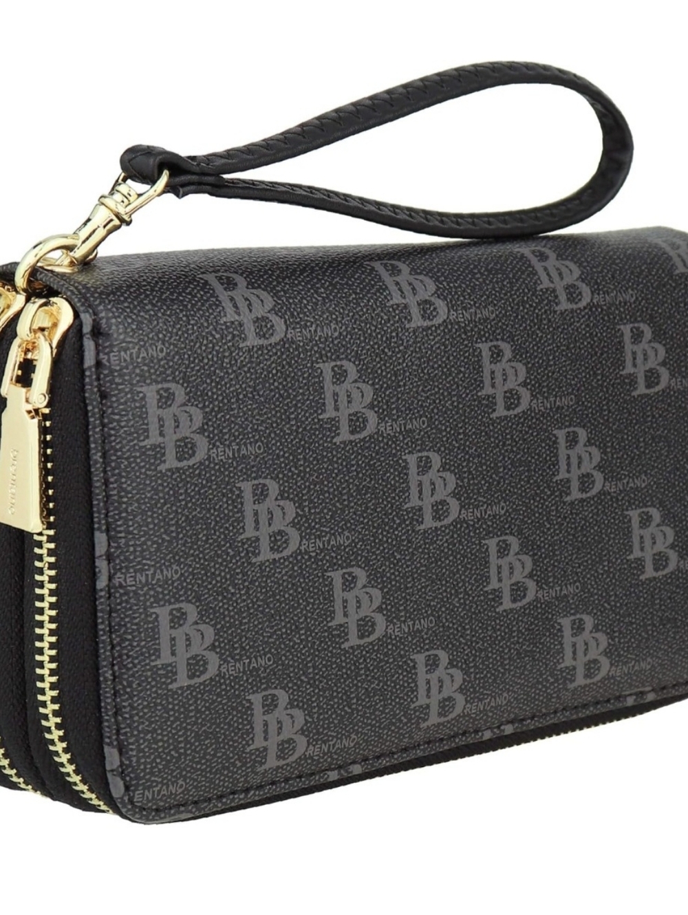 B BRENTANO Vegan Double-Zipper Wallet Clutch Removable Wrislet Gold Hardware